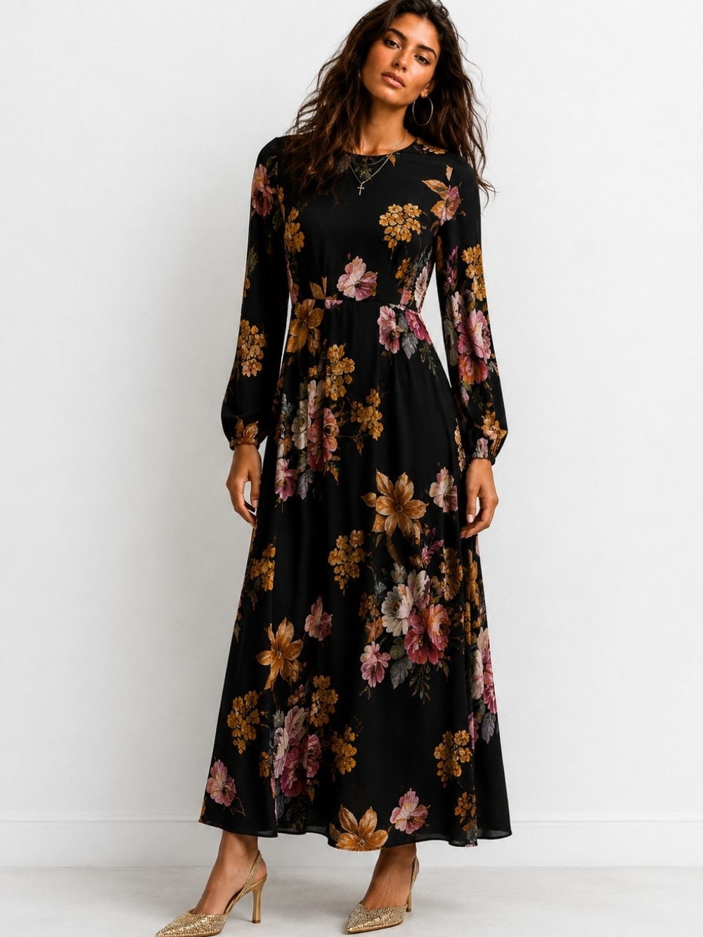 Nasty Gal Black Floral Long Sleeve Maxi Dress with Back Drape Size 8 NEW